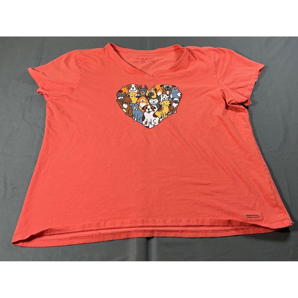 Life Is Good Crusher Tee XL Coral Pink Dog Heart Graphic V-Neck Cotton T-Shirt